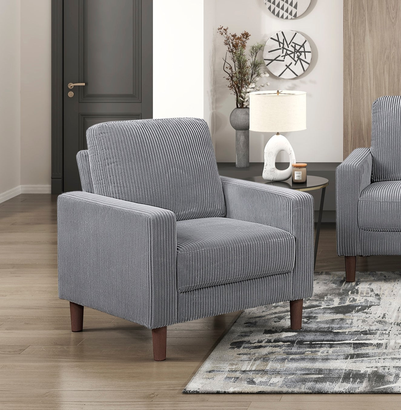 Modern Contemporary Gray Corduroy Upholstered Chair Comfortable Cushion Solid Wood Living Room Furniture 1pc