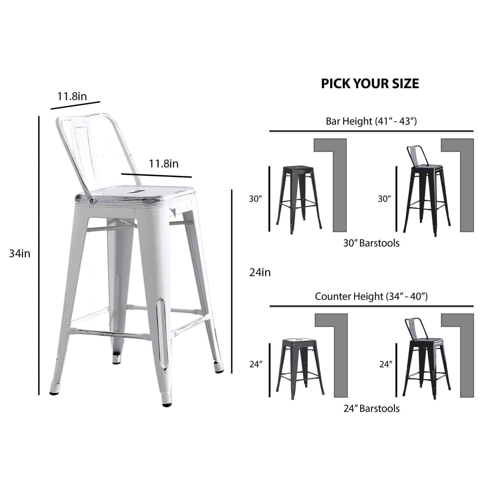 Modern Light Weight Industrial Contemporary Rustic Vintage Costal Metal Barstools with Bucket Back and 4 Leg Design, Seat Bar Stools (Set of 2) (24" Seat, Distressed White)