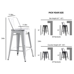 Modern Light Weight Industrial Contemporary Rustic Vintage Costal Metal Barstools with Bucket Back and 4 Leg Design, Seat Bar Stools (Set of 2) (24" Seat, Distressed White)