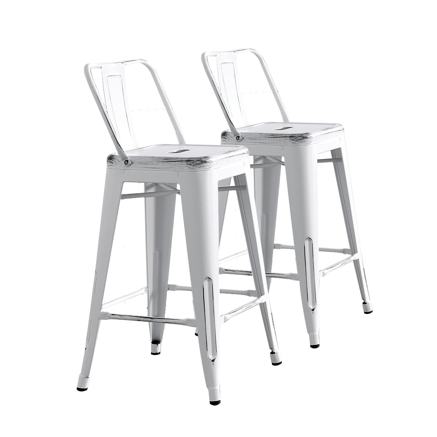 Modern Light Weight Industrial Contemporary Rustic Vintage Costal Metal Barstools with Bucket Back and 4 Leg Design, Seat Bar Stools (Set of 2) (24" Seat, Distressed White)