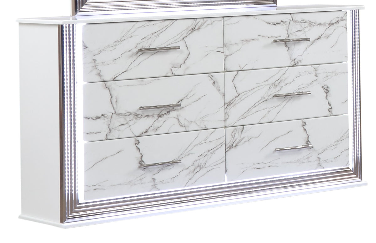 Desire Dresser Marble Patterned Drawer Fronts with Sleek White Finish, Metallic Handle  and Six Spacious Drawers for Elegant Bedroom Storage (INCLUDES ONLY DRESSER)  same as B009P309336 (NJ inventory)