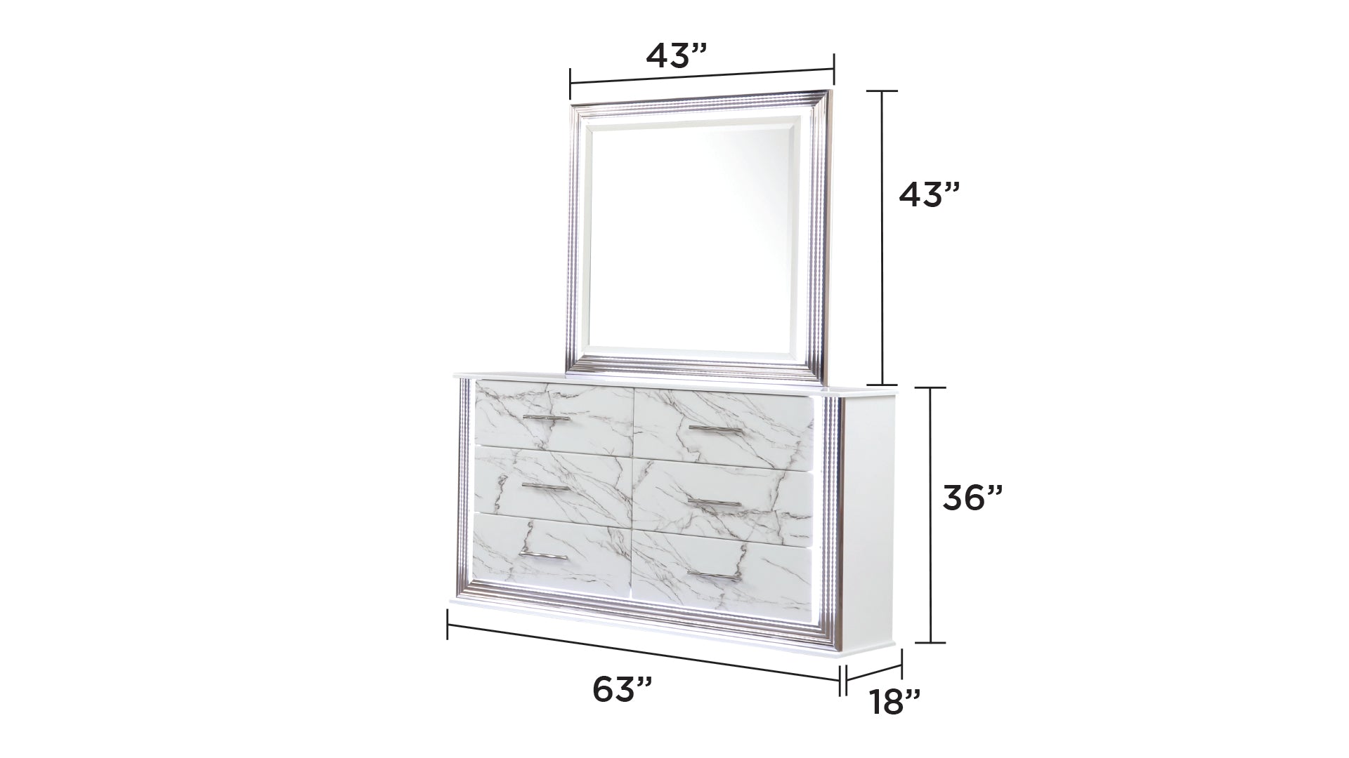 Desire Dresser Marble Patterned Drawer Fronts with Sleek White Finish, Metallic Handle  and Six Spacious Drawers for Elegant Bedroom Storage (INCLUDES ONLY DRESSER)  same as B009P309336 (NJ inventory)