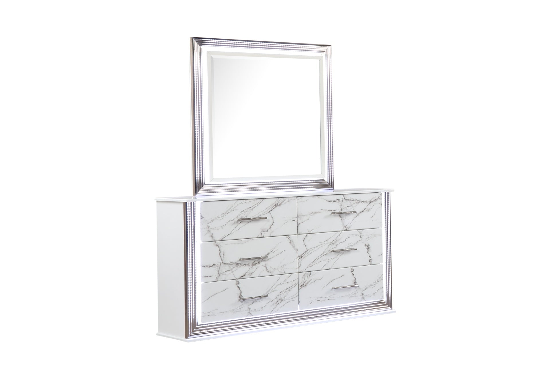 Desire Dresser Marble Patterned Drawer Fronts with Sleek White Finish, Metallic Handle  and Six Spacious Drawers for Elegant Bedroom Storage (INCLUDES ONLY DRESSER)  same as B009P309336 (NJ inventory)