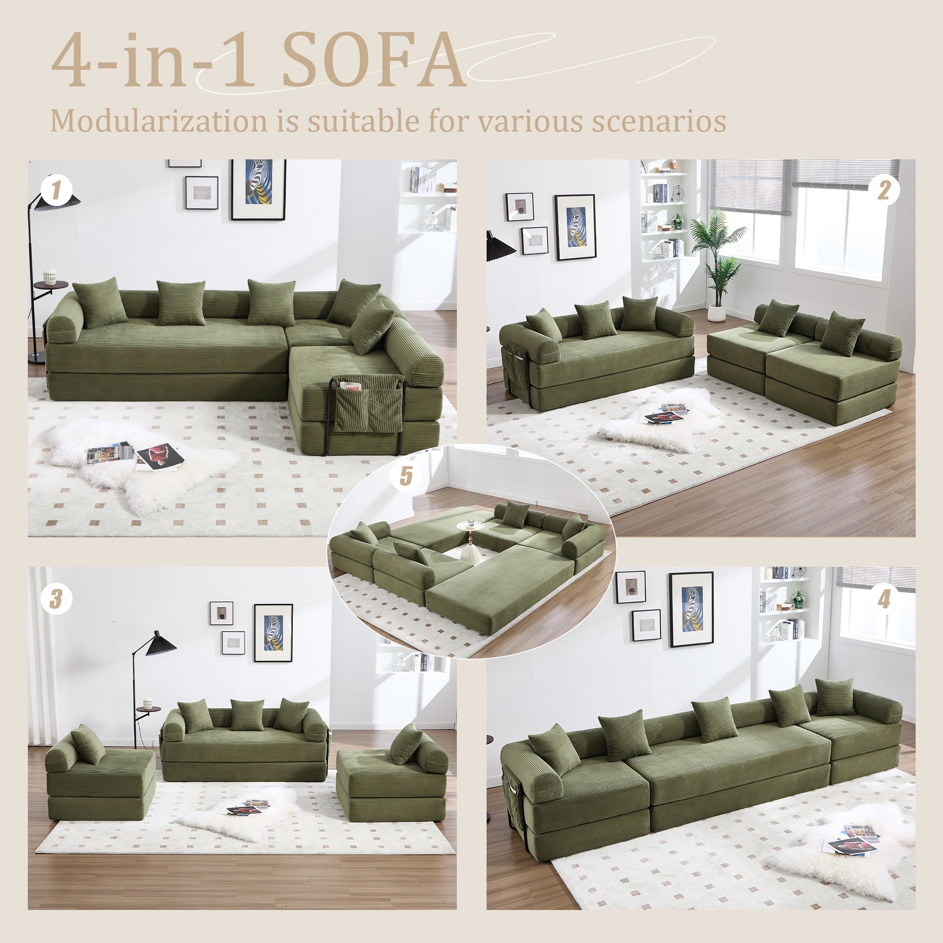 UNITED WE WIN convertible folding sofa bed, with fixed frame and pillow back handrail, cloud corduroy folding mattress sofa, folding memory foam bed in living room/dormitory/guest room/home office/apt