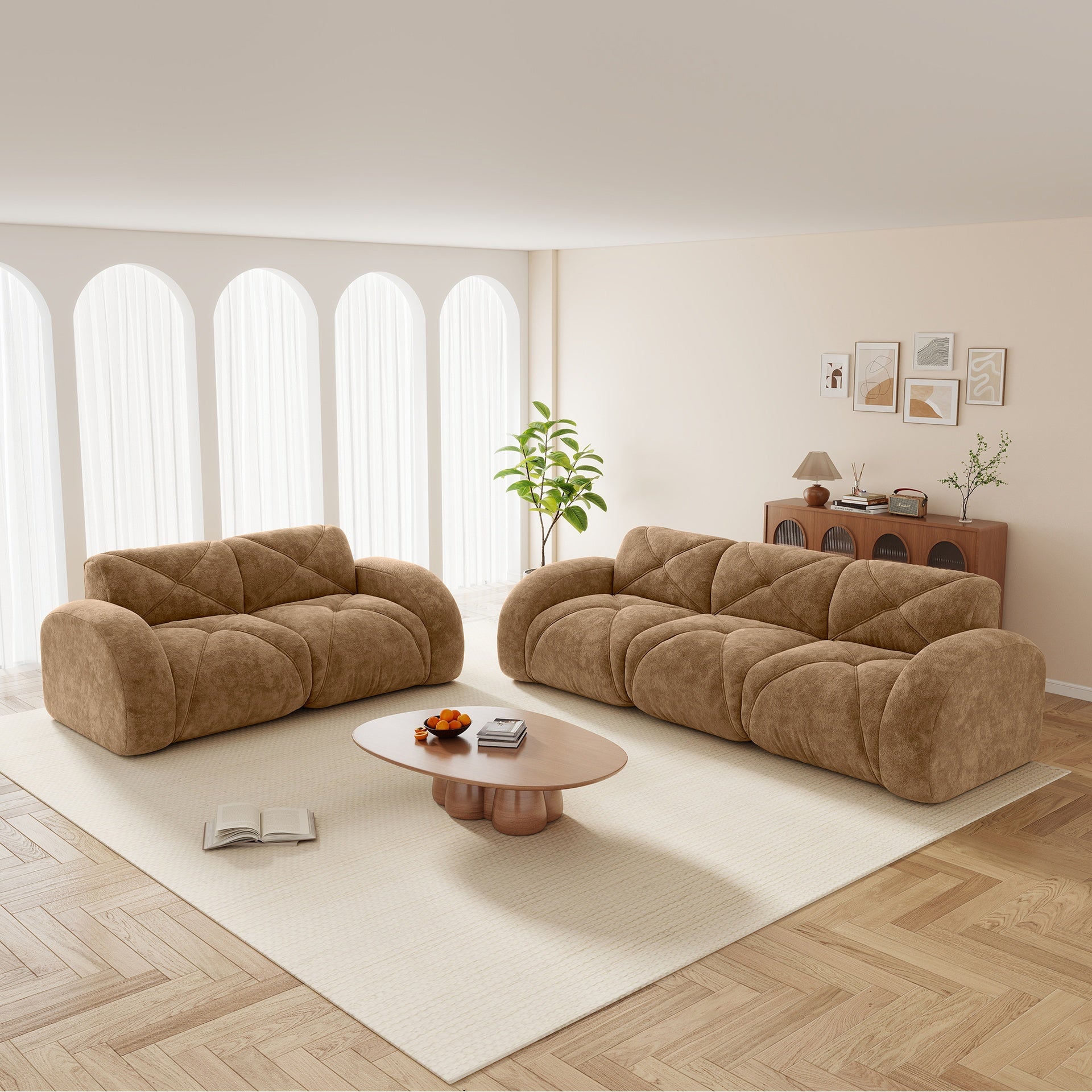 2 Piece Sofa Set Comfy Sofa Couch,  2+3 Seater Sofa Set,Deep Seat Sofa,Soft Velvet Fabric,32D High Density Sponge  Bottom,No Assembly Required, Modern Sofa Set for Living Room,Camel