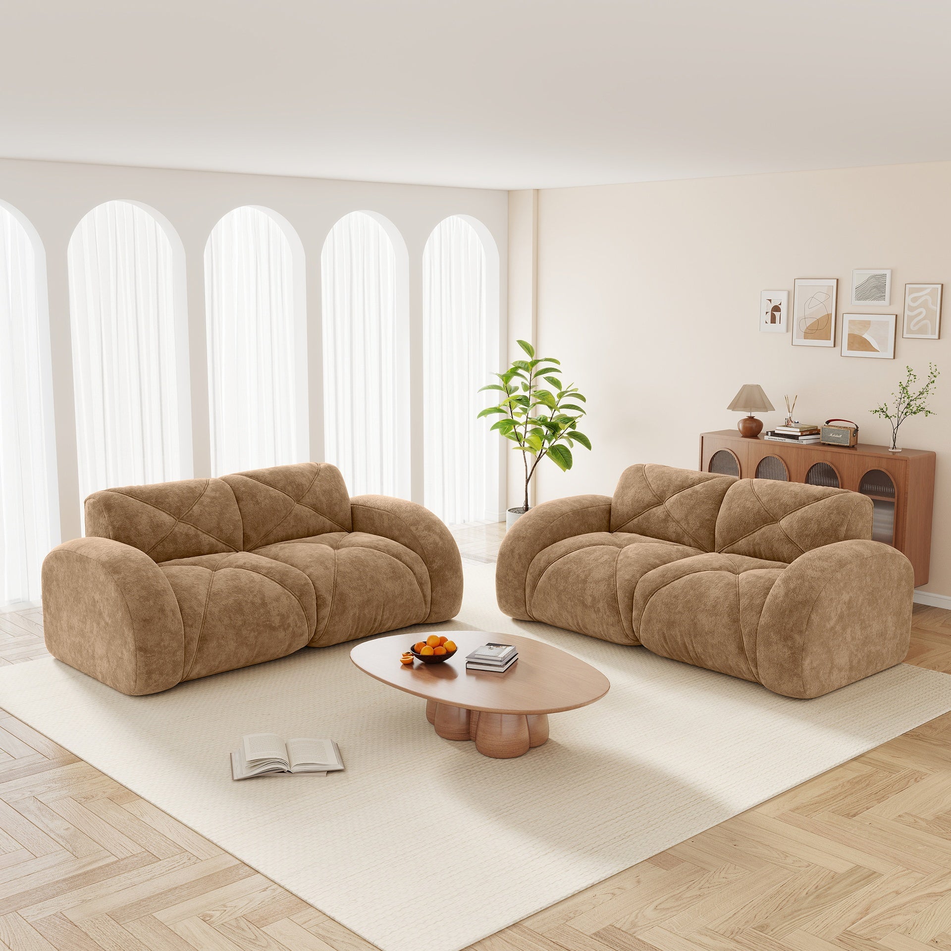 2-Piece Sofa Set Comfy Sofa Couch,  2+2 Seater Sofa Set,Deep Seat Sofa,Soft Velvet Fabric,32D High Density Sponge  Bottom,No Assembly Required, Modern Sofa Set for Living Room,Camel