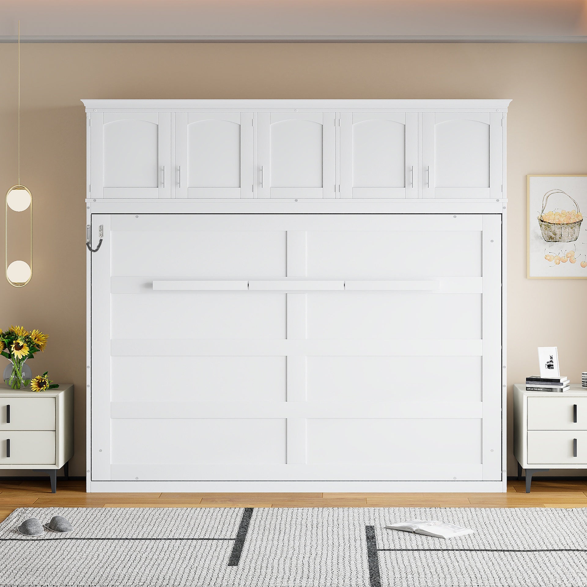 Queen Size Murphy Bed Wall Bed with Top Cabinets,White