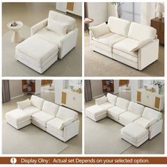 104" Plush Cloud 3 Seater Sofa: Modular 3 Seater Sofa + Ottoman with 22" Beige Chenille Cushions + 2 Throw Pillows - Compact Size for Apartment, Living Room, Bedroom (Beige)