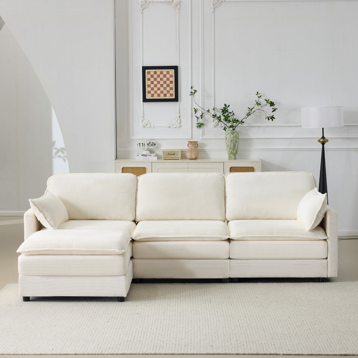104" Plush Cloud 3 Seater Sofa: Modular 3 Seater Sofa + Ottoman with 22" Beige Chenille Cushions + 2 Throw Pillows - Compact Size for Apartment, Living Room, Bedroom (Beige)