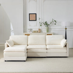 104" Plush Cloud 3 Seater Sofa: Modular 3 Seater Sofa + Ottoman with 22" Beige Chenille Cushions + 2 Throw Pillows - Compact Size for Apartment, Living Room, Bedroom (Beige)