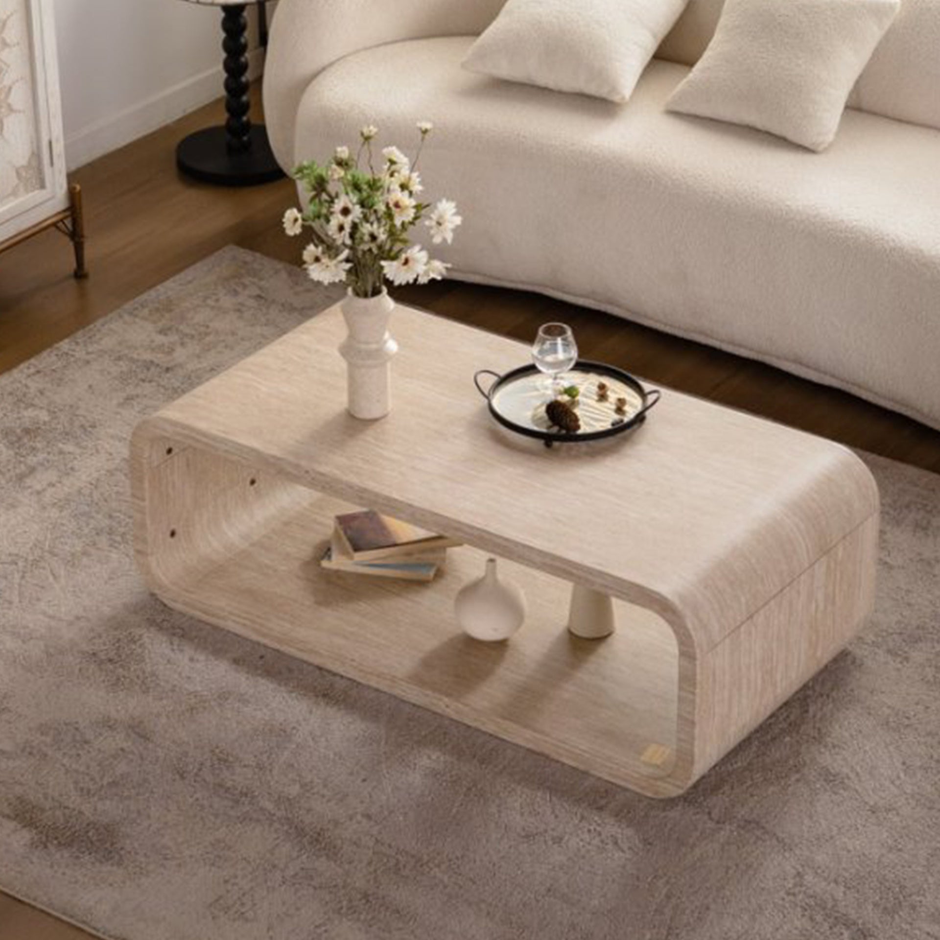 Modern Open-Frame Elegant Curved Light Wood Coffee Table with Open Storage for Contemporary Living Rooms