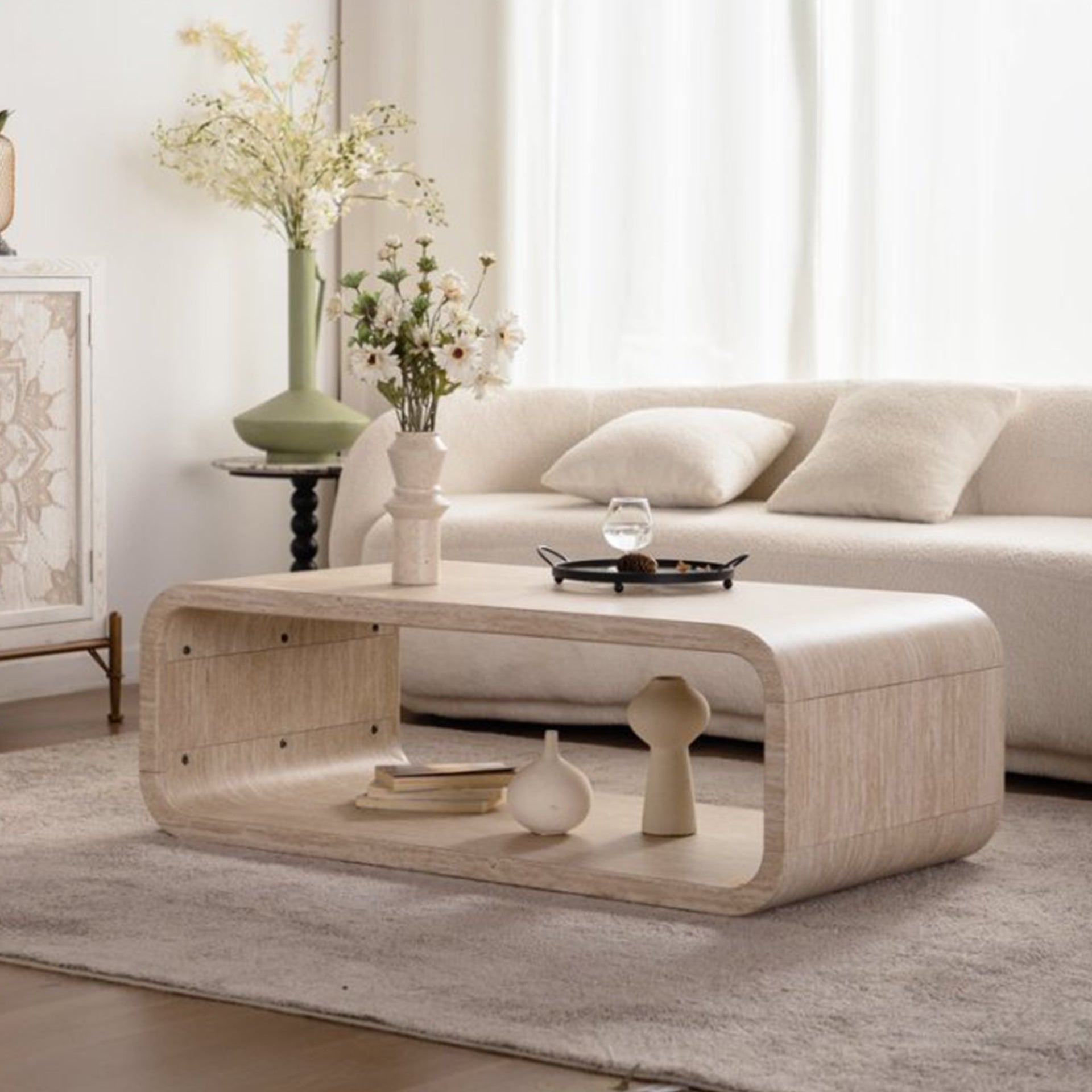 Modern Open-Frame Elegant Curved Light Wood Coffee Table with Open Storage for Contemporary Living Rooms