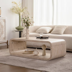 Modern Open-Frame Elegant Curved Light Wood Coffee Table with Open Storage for Contemporary Living Rooms