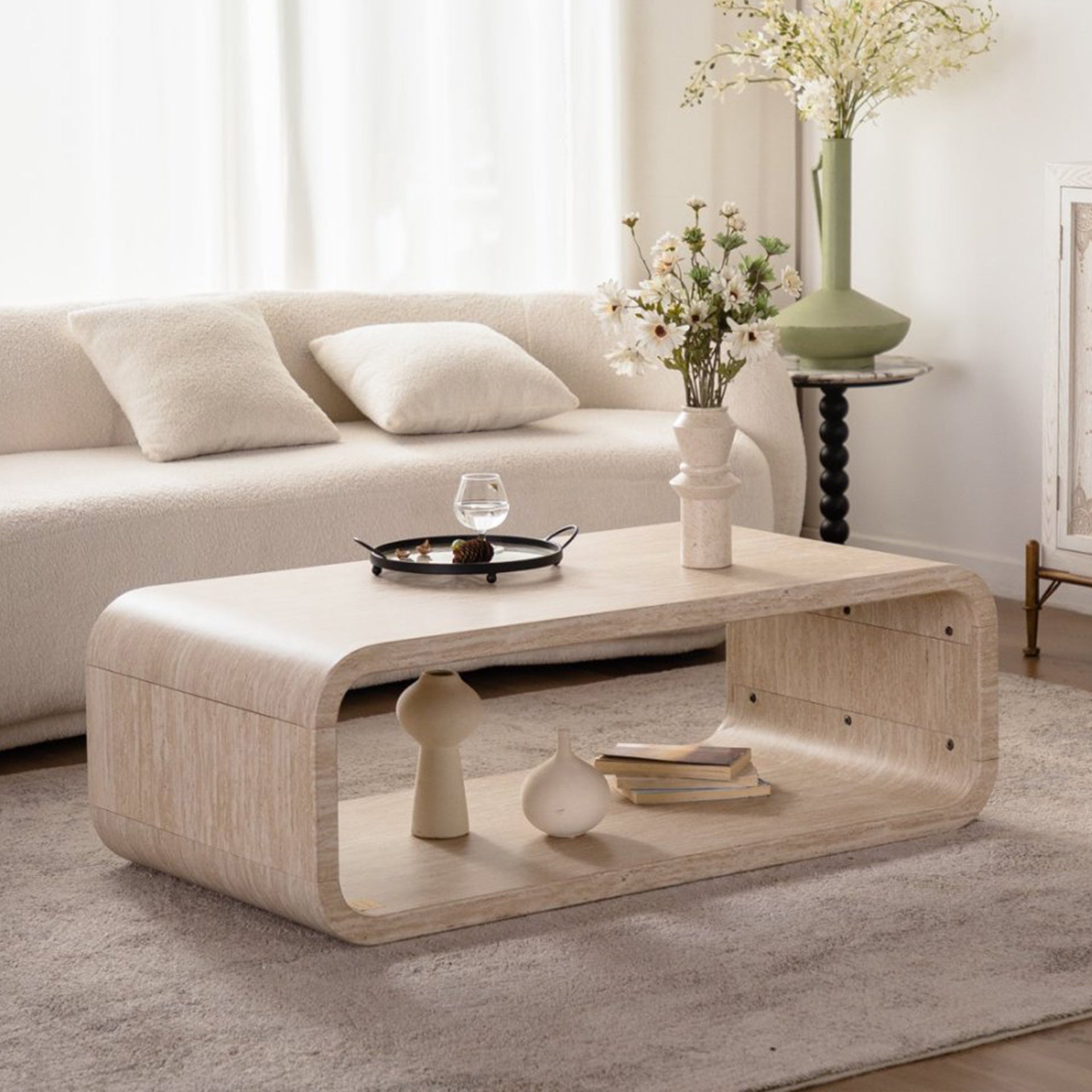 Modern Open-Frame Elegant Curved Light Wood Coffee Table with Open Storage for Contemporary Living Rooms