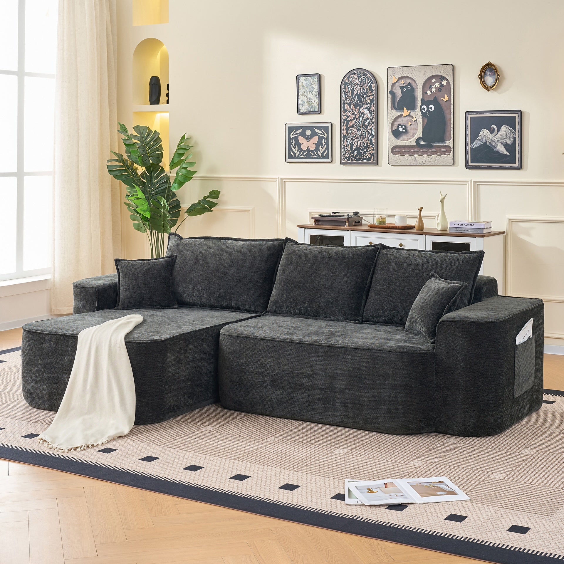 L Shaped Sectional Sofa, 104" Cloud Couch with Chaise, Extra Deep Seats, No Assembly Needed, Modern Modular Corner Sofa for Living Room, Black Chenille