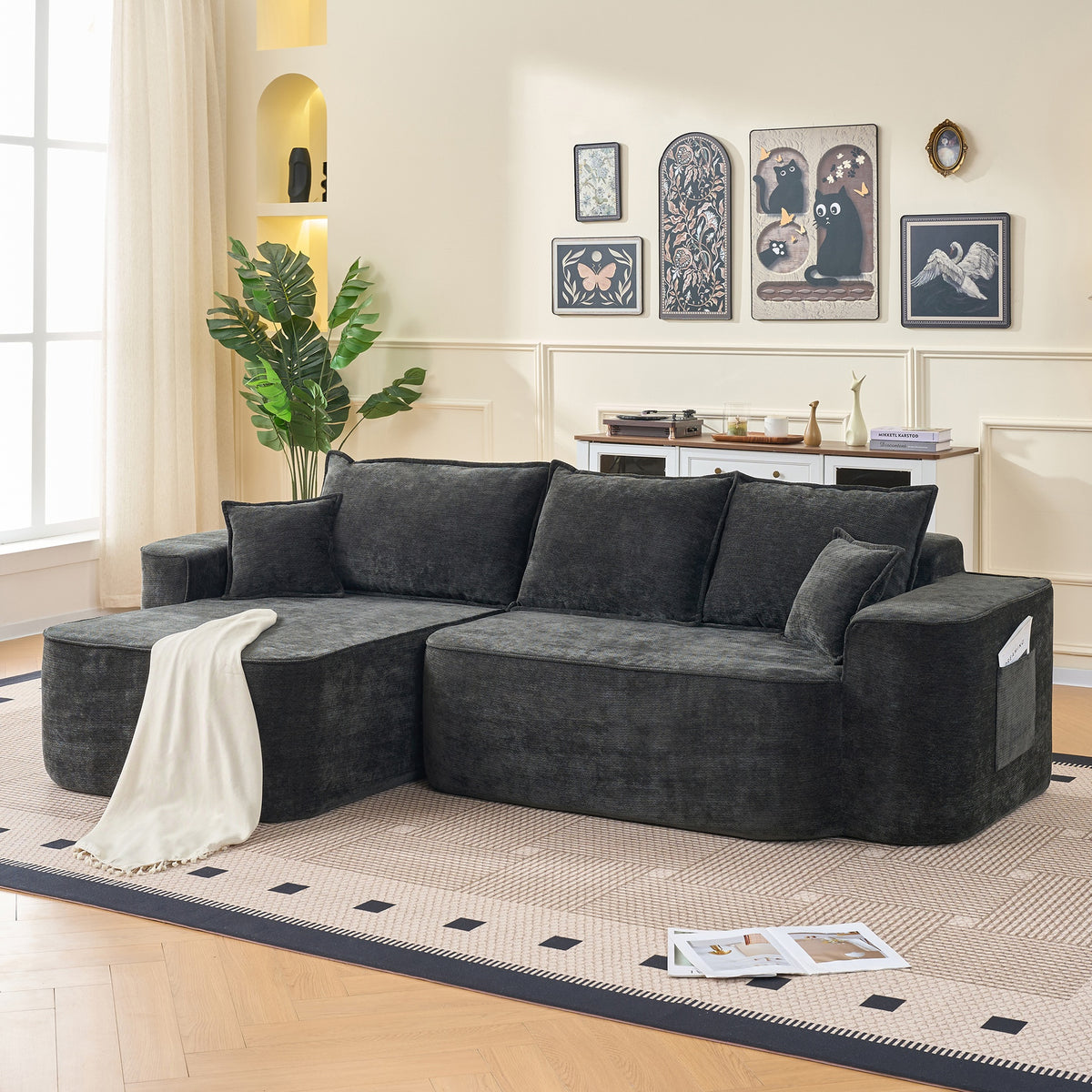 L Shaped Sectional Sofa, 104" Cloud Couch with Chaise, Extra Deep Seats, No Assembly Needed, Modern Modular Corner Sofa for Living Room, Black Chenille