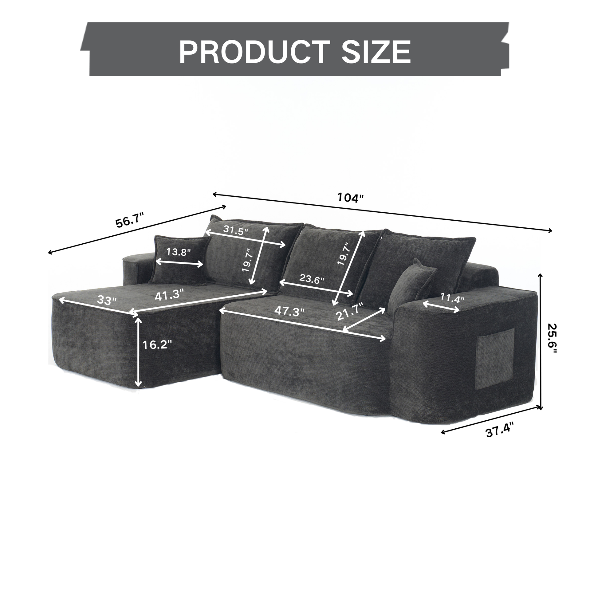 L Shaped Sectional Sofa, 104" Cloud Couch with Chaise, Extra Deep Seats, No Assembly Needed, Modern Modular Corner Sofa for Living Room, Black Chenille