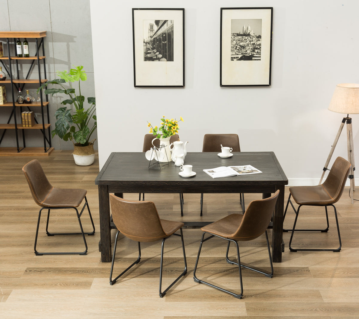 Lotusville 7-Piece Antique Black Finish Wood Dining Table with 6 Brown Faux Leather Chairs Set