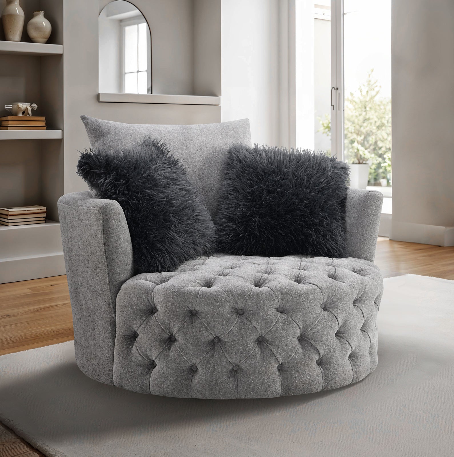 Transitional Style 1pc Button Tufted swivel Round Chair Barrel Style Arms Scattered back Pillow Light Gary Finish Primary Living Room