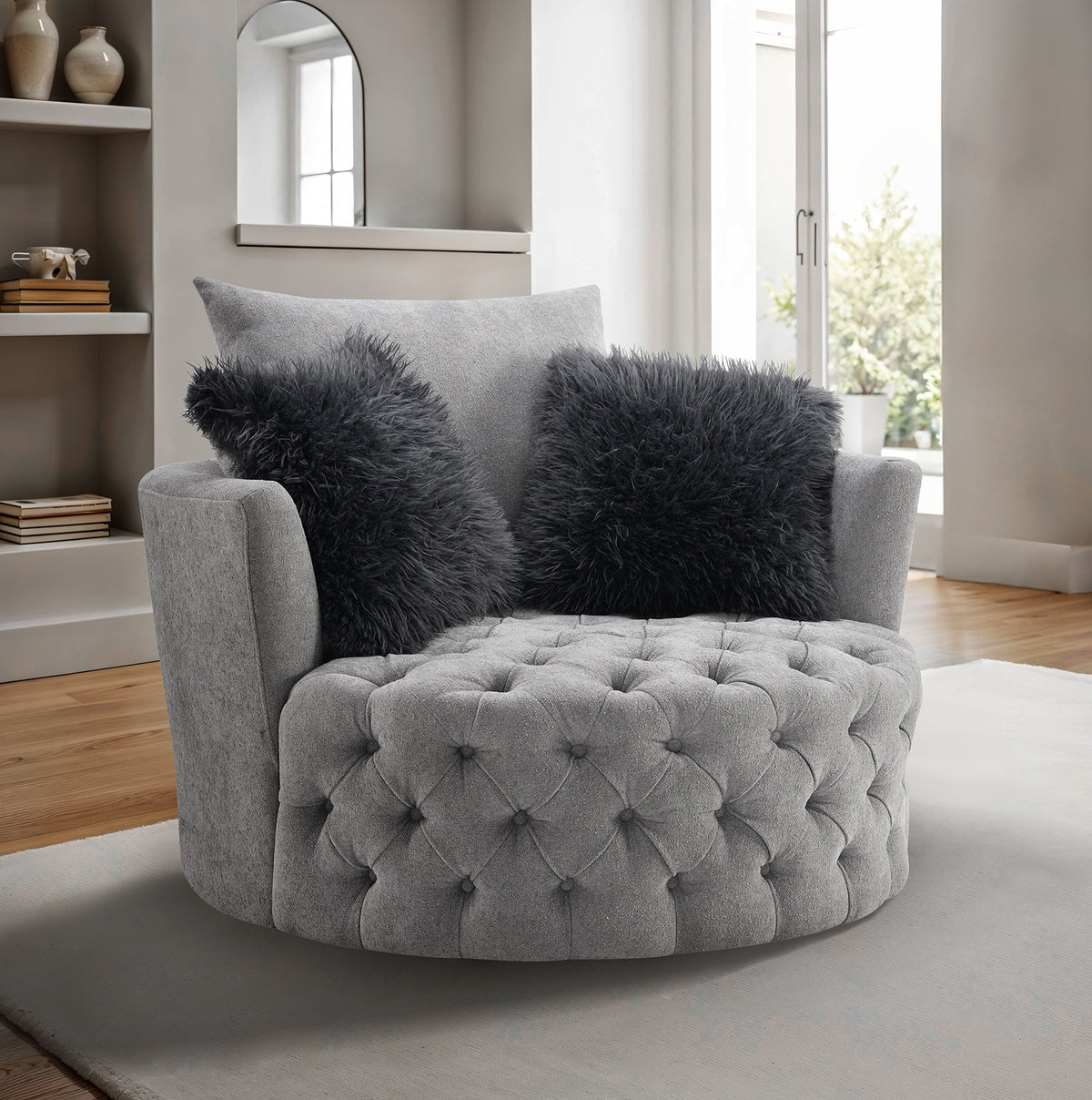 Transitional Style 1pc Button Tufted swivel Round Chair Barrel Style Arms Scattered back Pillow Light Gary Finish Primary Living Room