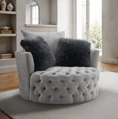 Transitional Style 1pc Button Tufted swivel Round Chair Barrel Style Arms Scattered back Pillow Light Gary Finish Primary Living Room
