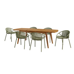 7 Pieces Outdoor Modern Expandable Dining Set with Stackable Chair,Green+Teak