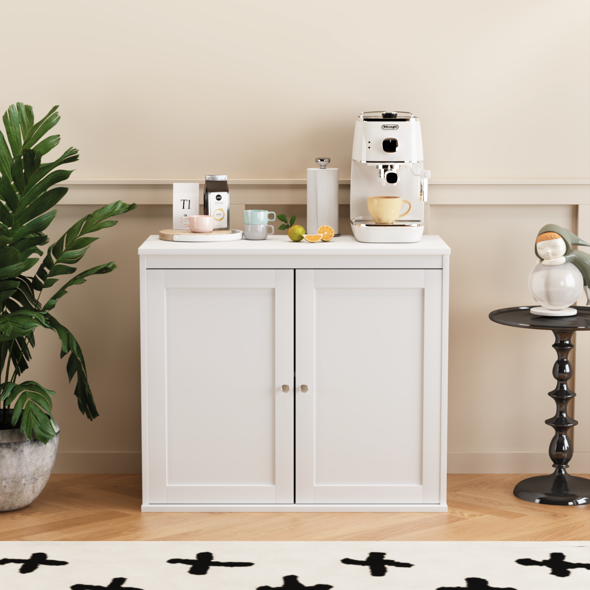 Kitchen Storage Cabinet with Double Doors, Coffee Bar Cabinet with Adjustable Shelves, Sideboard Buffet for Dining Room, Living Room or Entryway, Modern White Cupboard