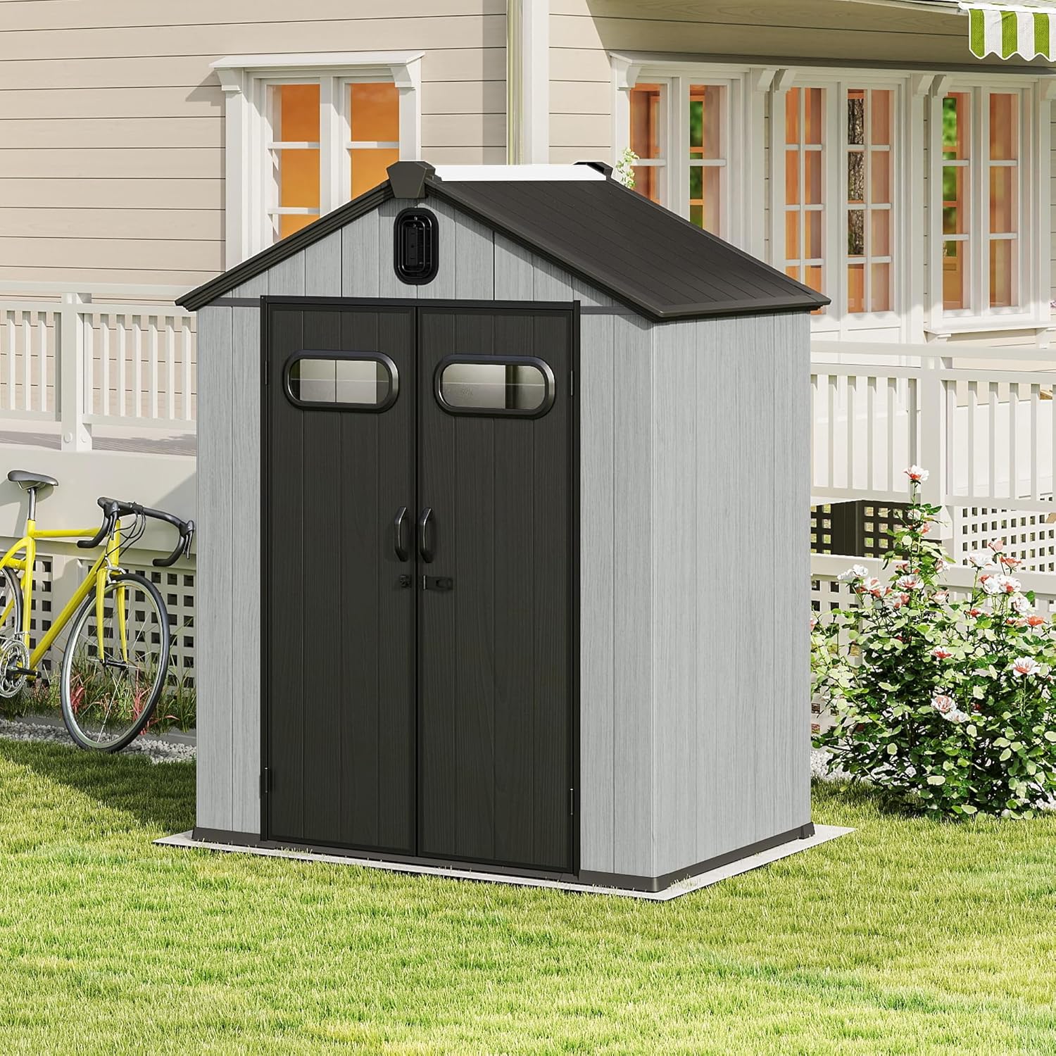 6x4FT Outdoor Resin Storage Shed with Transparent Windows & Louvered Vents, Plastic Tool Shed with Double Lockable Doors & Gable Roof, Outside Garden Shed for Backyard, Patio, Lawn, Gray