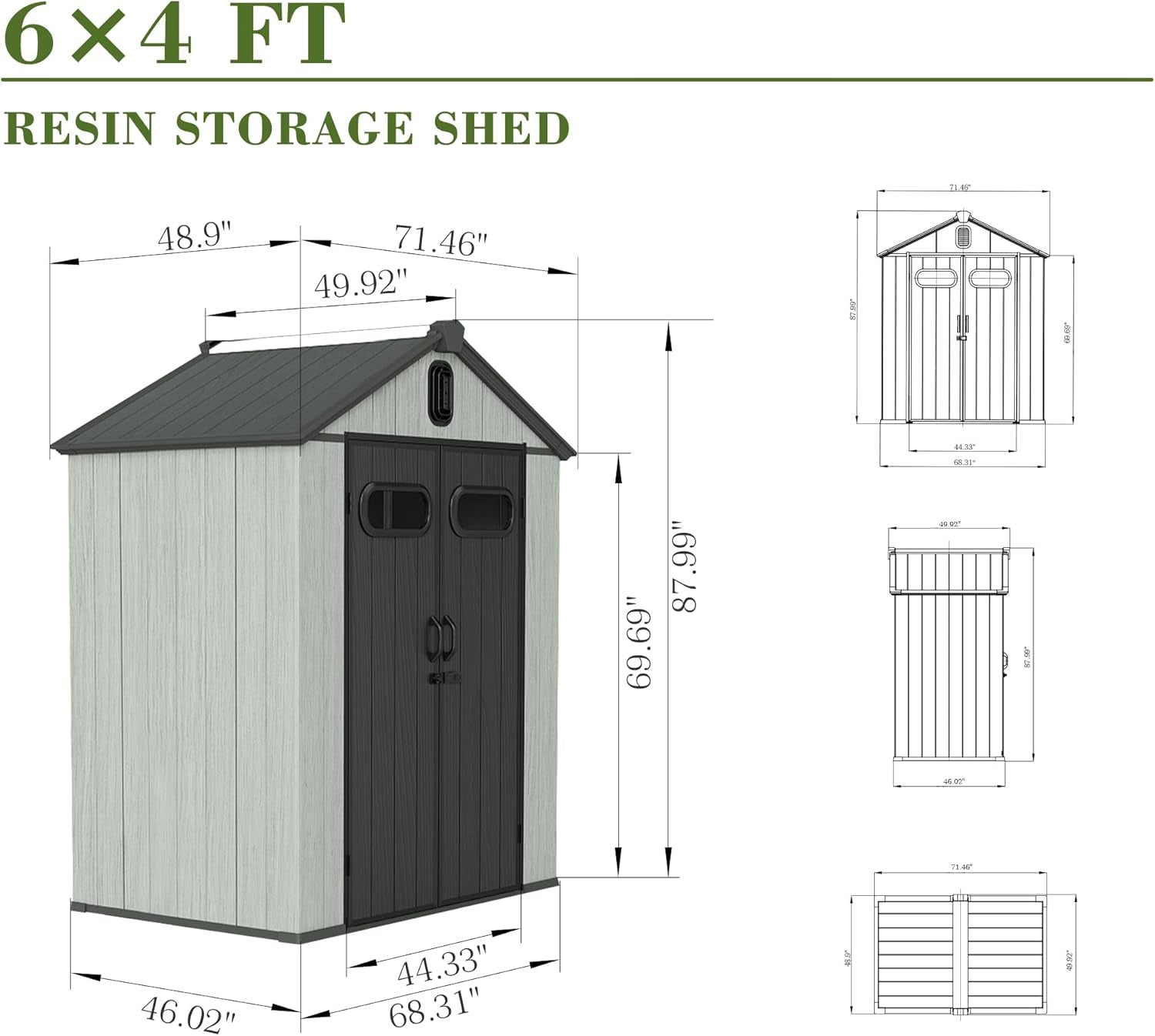 6x4FT Outdoor Resin Storage Shed with Transparent Windows & Louvered Vents, Plastic Tool Shed with Double Lockable Doors & Gable Roof, Outside Garden Shed for Backyard, Patio, Lawn, Gray