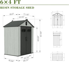 6x4FT Outdoor Resin Storage Shed with Transparent Windows & Louvered Vents, Plastic Tool Shed with Double Lockable Doors & Gable Roof, Outside Garden Shed for Backyard, Patio, Lawn, Gray