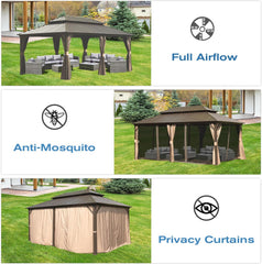 12' X 20' Hardtop Gazebo, Aluminum Metal Gazebo with Galvanized Steel Double Roof Canopy, Curtain and Netting, Permanent Gazebo Pavilion for Party, Wedding, Outdoor Dining, Brown