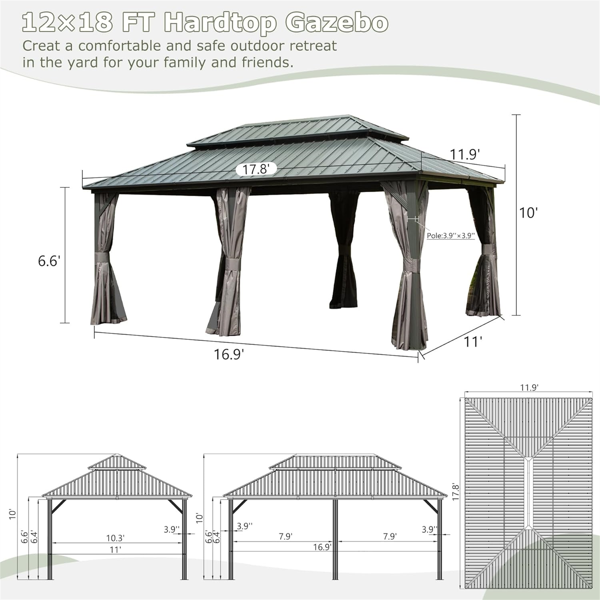 12' X 18' Hardtop Gazebo, Aluminum Metal Gazebo with Galvanized Steel Double Roof Canopy, Curtain and Netting, Permanent Gazebo Pavilion for Patio, Backyard, Deck, Lawn