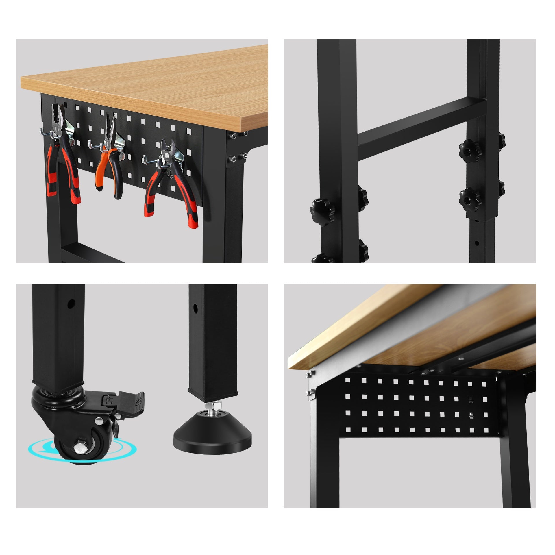 72" ×24'' Adjustable Workbench, Rolling Heavy-Duty Worktable with Power Outlet and Wheels, Large Load Capacity Rubber Wood Top Workbench for Garage, Office, Workshop, Home, Easy Assembly