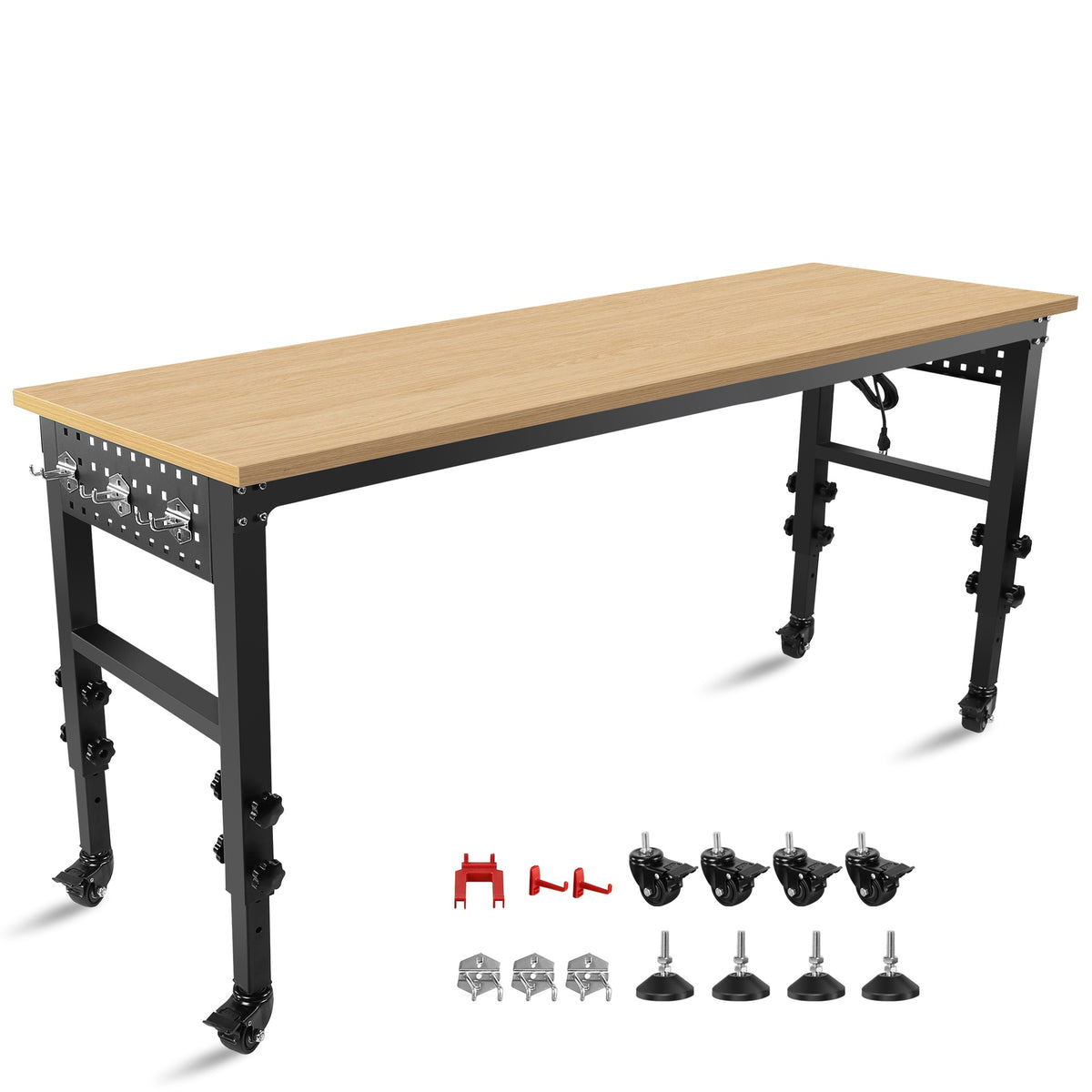 72" ×24'' Adjustable Workbench, Rolling Heavy-Duty Worktable with Power Outlet and Wheels, Large Load Capacity Rubber Wood Top Workbench for Garage, Office, Workshop, Home, Easy Assembly
