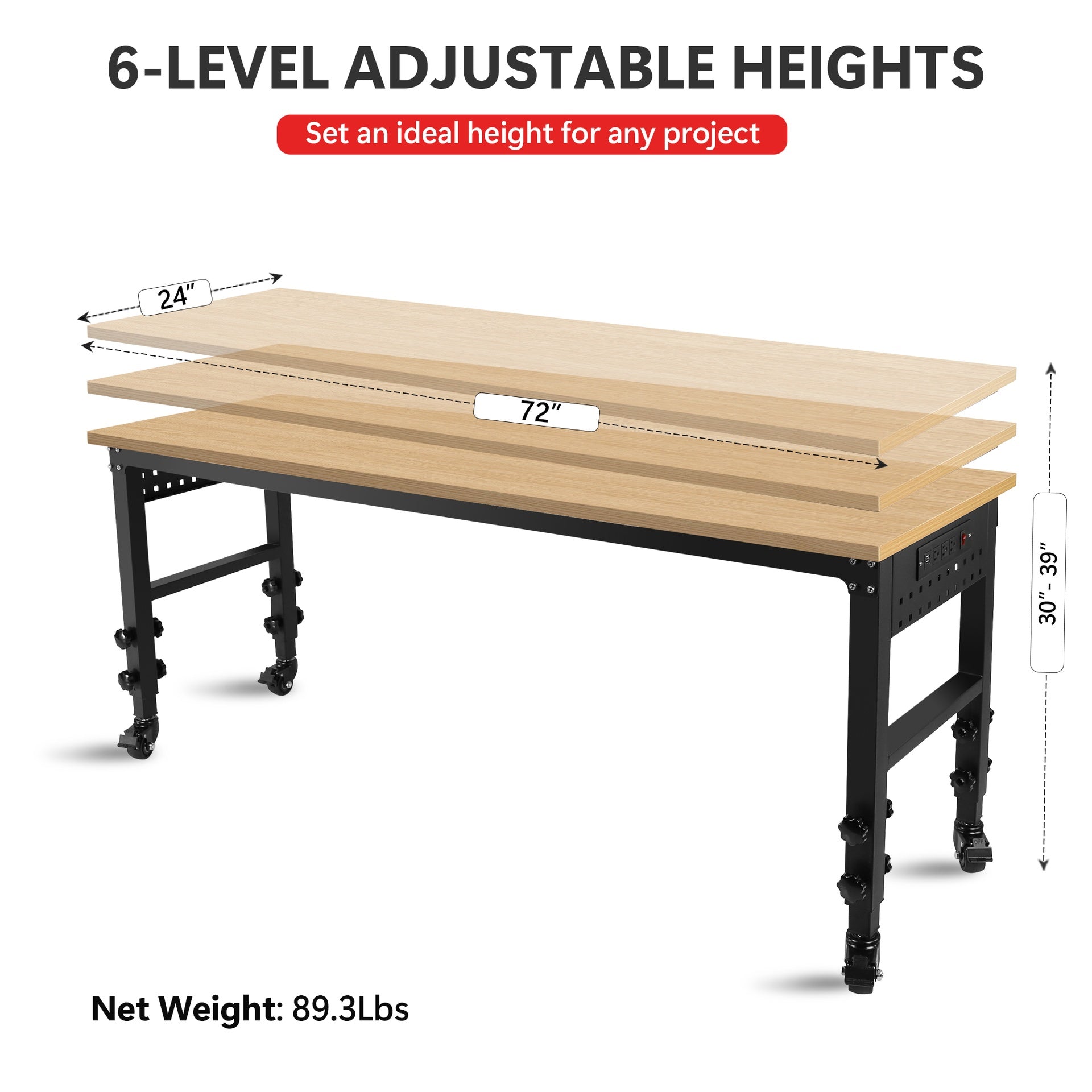 72" ×24'' Adjustable Workbench, Rolling Heavy-Duty Worktable with Power Outlet and Wheels, Large Load Capacity Rubber Wood Top Workbench for Garage, Office, Workshop, Home, Easy Assembly