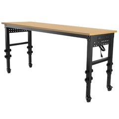 72" ×24'' Adjustable Workbench, Rolling Heavy-Duty Worktable with Power Outlet and Wheels, Large Load Capacity Rubber Wood Top Workbench for Garage, Office, Workshop, Home, Easy Assembly