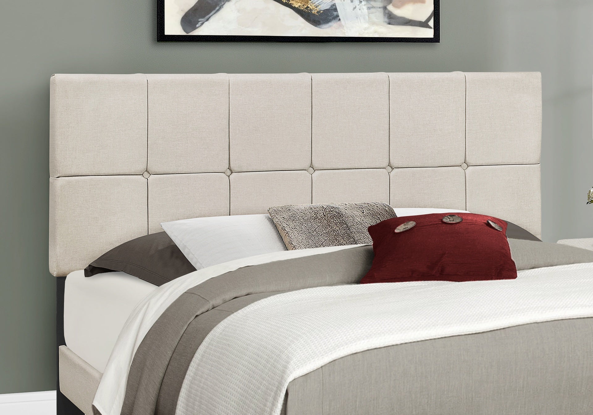 Bed, Queen Size, Bedroom, Upholstered, Beige Linen Look, Black Wood Legs, Transitional
