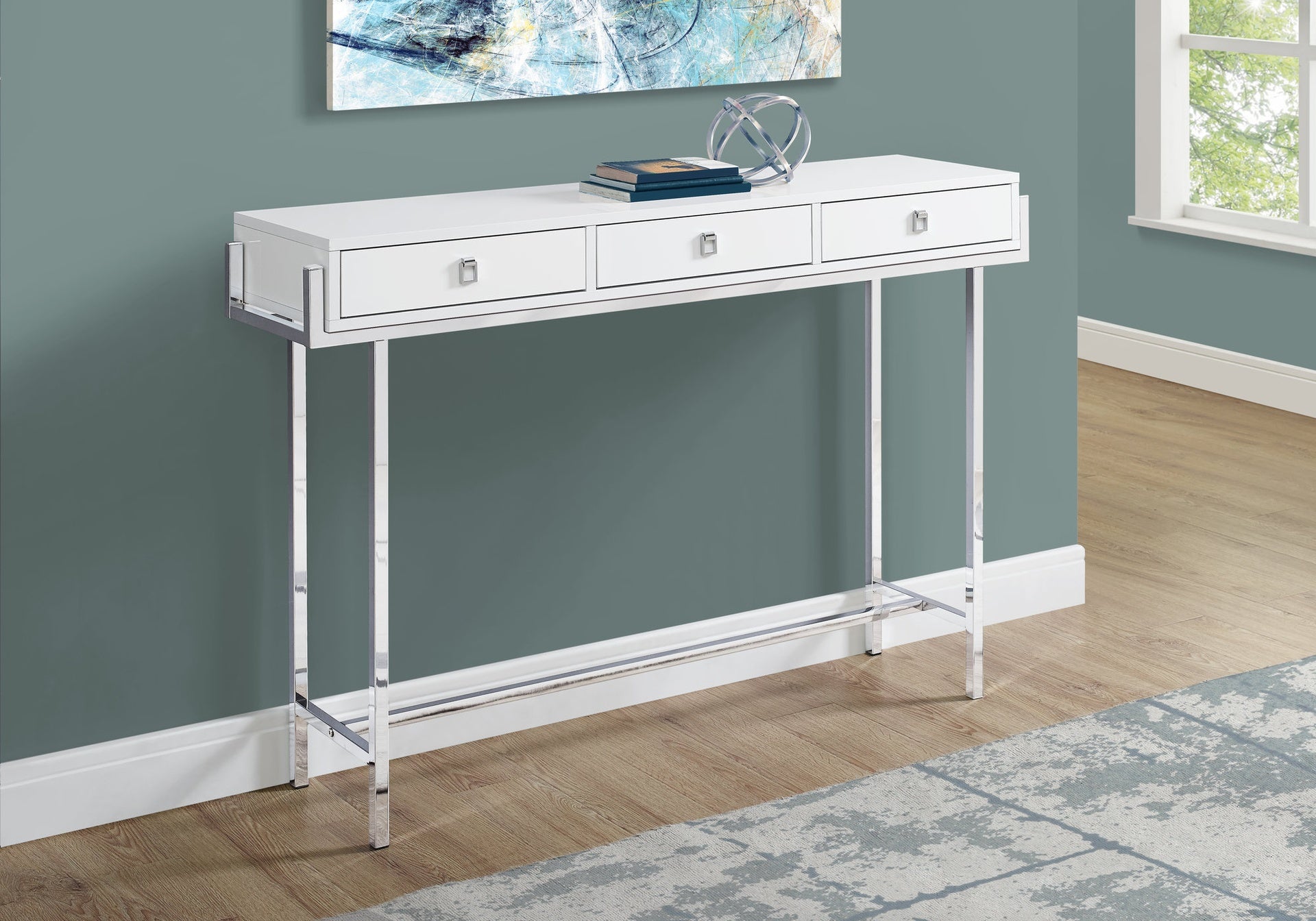 Accent Table, Console, Entryway, Narrow, Sofa, Storage Drawer, Living Room, Bedroom, Glossy White Laminate, Chrome Metal, Contemporary, Modern