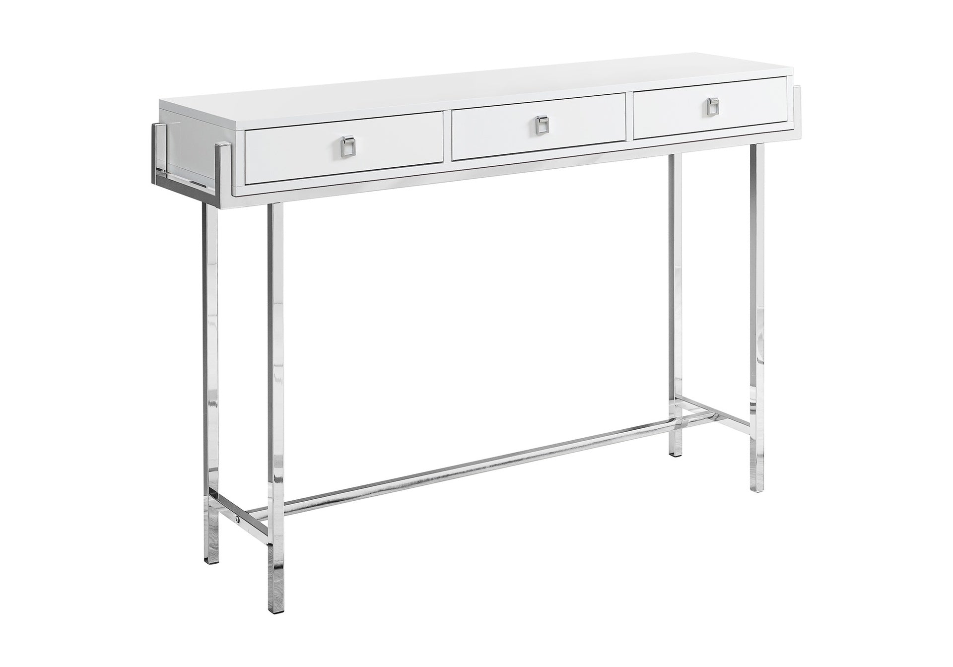 Accent Table, Console, Entryway, Narrow, Sofa, Storage Drawer, Living Room, Bedroom, Glossy White Laminate, Chrome Metal, Contemporary, Modern