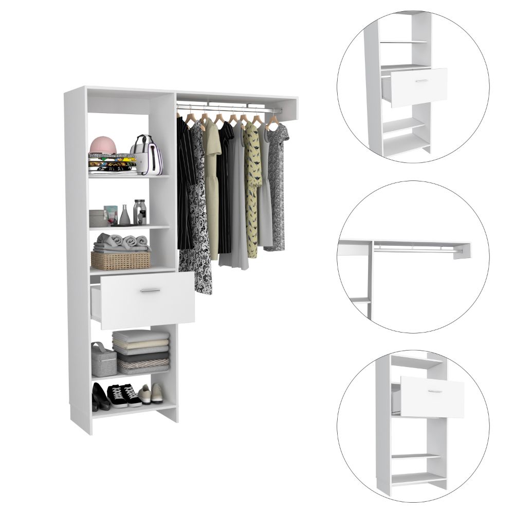 Closet System, Five Open Shelves, One Drawer, One Metal Rod, White