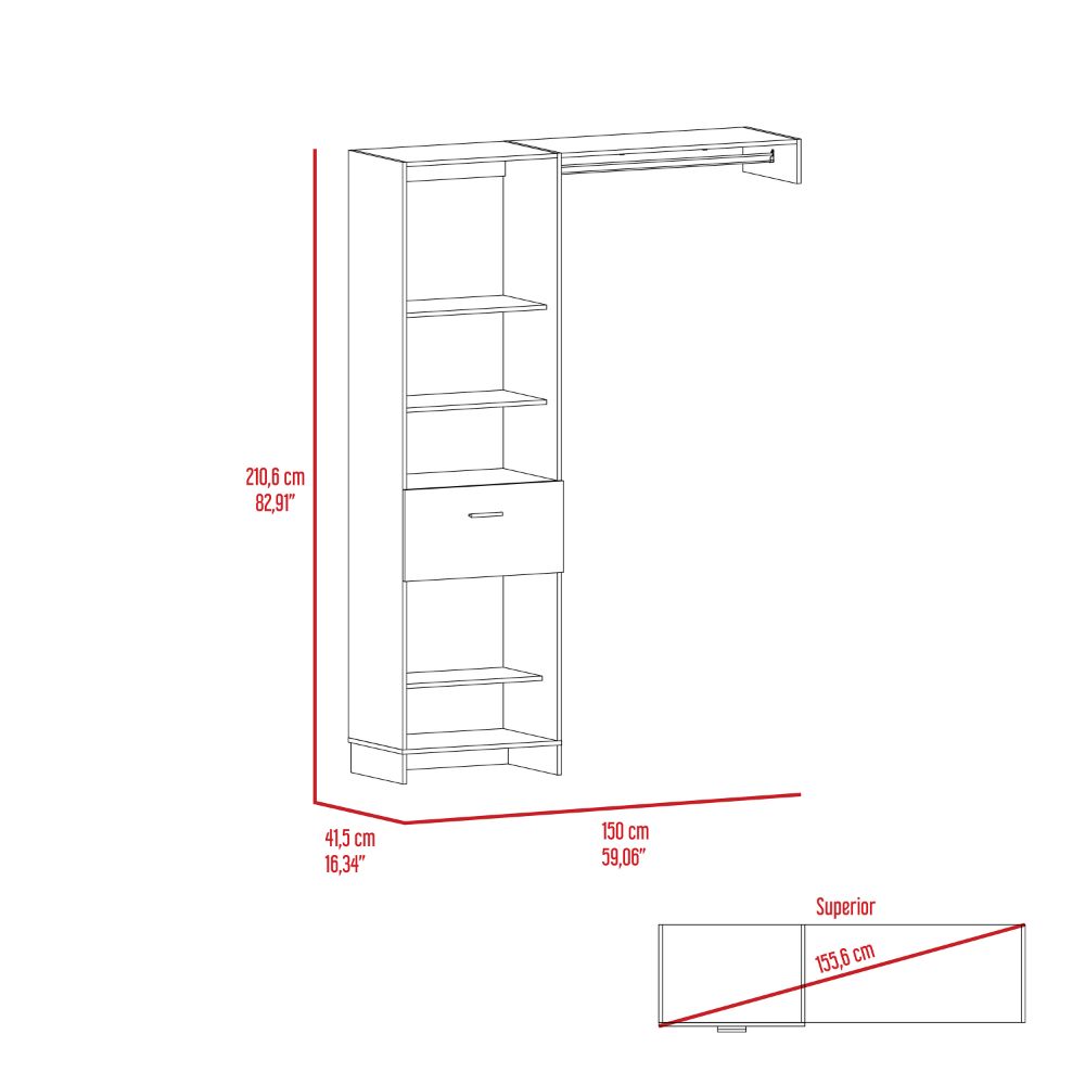 Closet System, Five Open Shelves, One Drawer, One Metal Rod, White