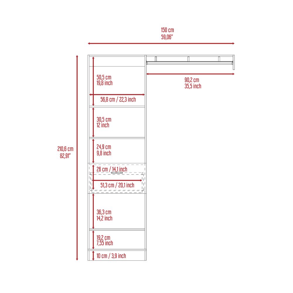 Closet System, Five Open Shelves, One Drawer, One Metal Rod, White