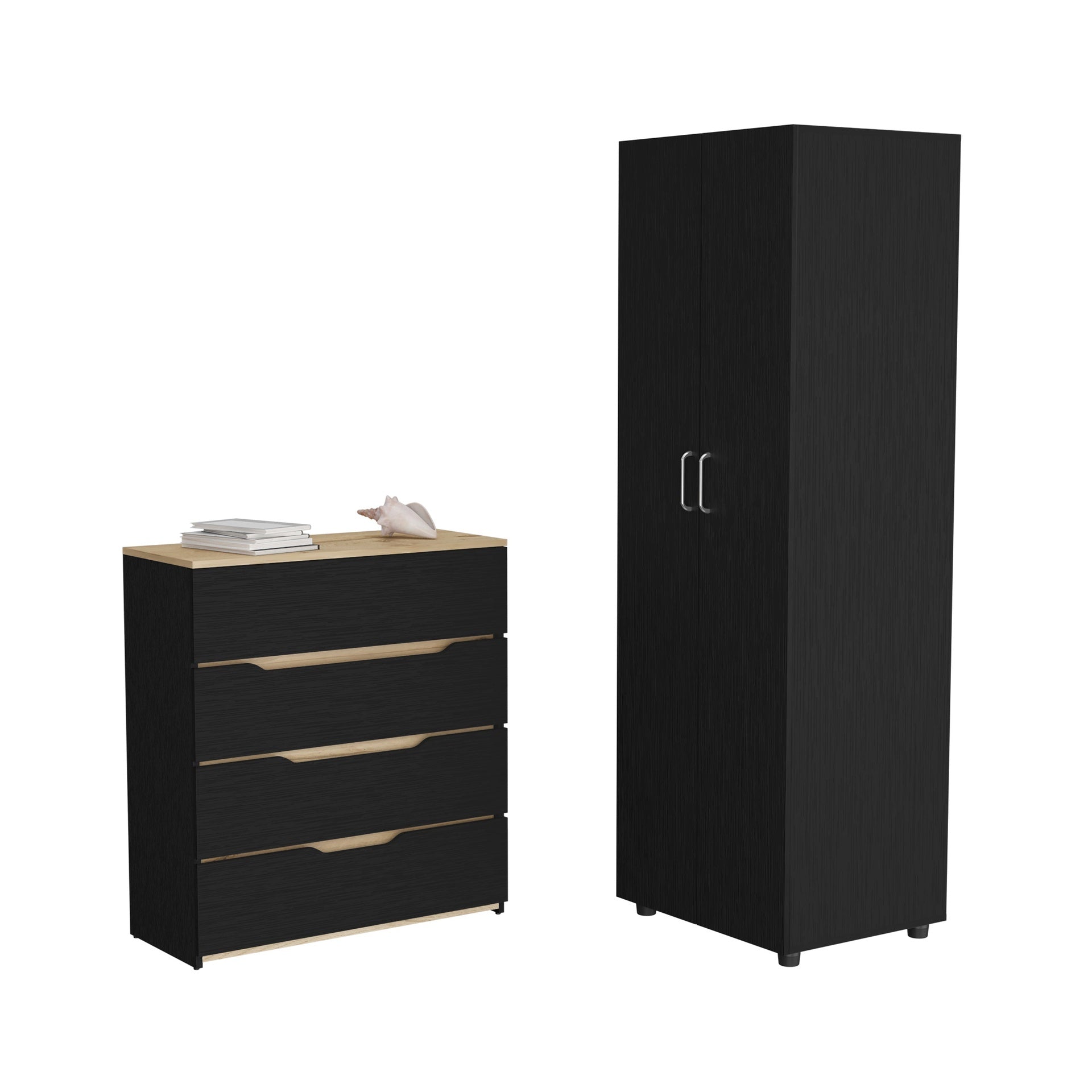 2 Piece Bedroom Set, London Armoire + Aralia Drawer Dresser, Black / Light Oak