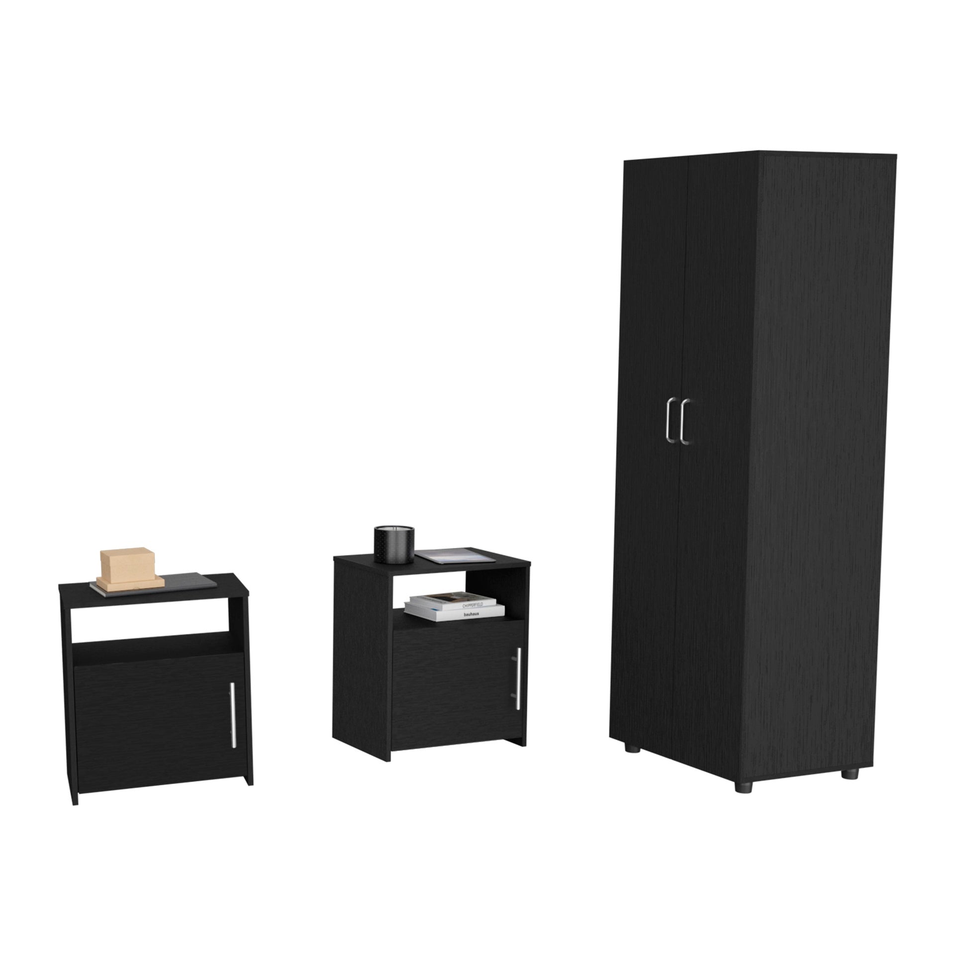3 Piece Bedroom Set, London Armoire + 2 Omaha Nightstands,  Black