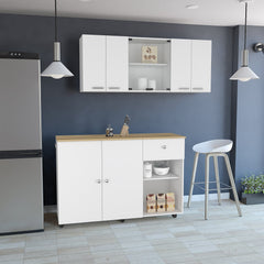 2 Piece Kitchen Set, Kitchen Island Cart + 150 Wall Cabinet Glass, White / Light Oak