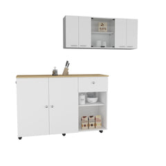 2 Piece Kitchen Set, Kitchen Island Cart + 150 Wall Cabinet Glass, White / Light Oak