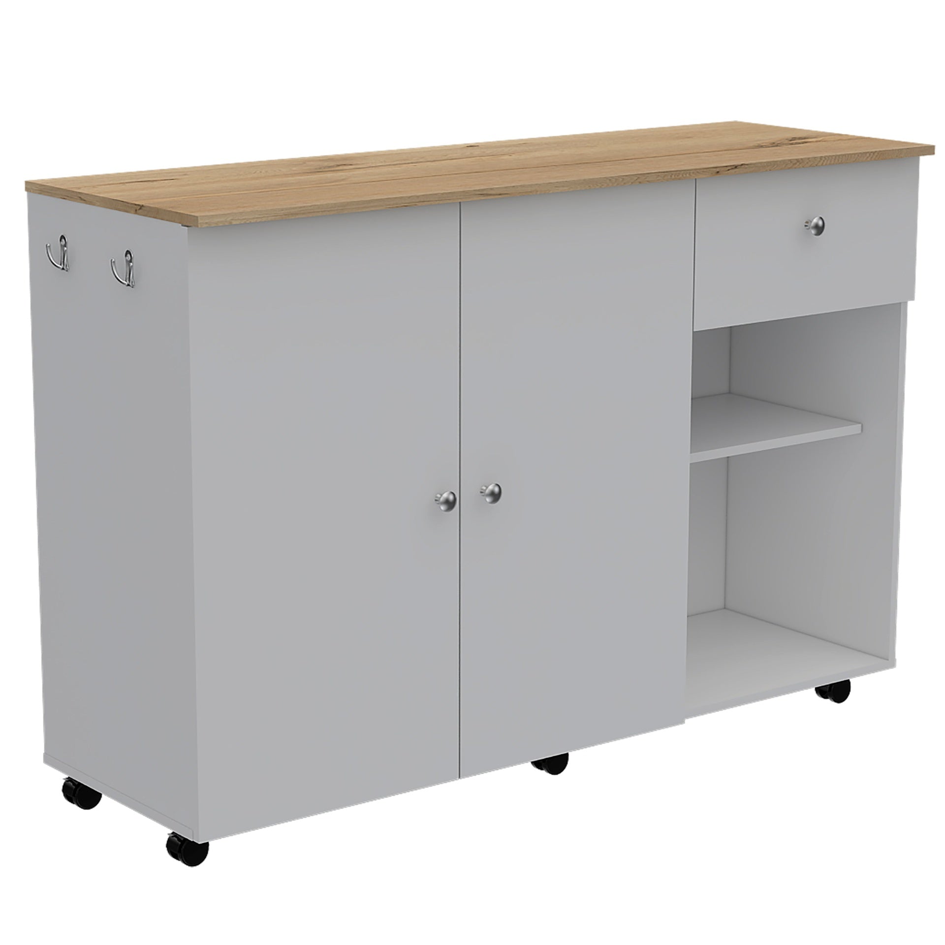 2 Piece Kitchen Set, Kitchen Island Cart + Pantry Cabinet, White / Light Oak