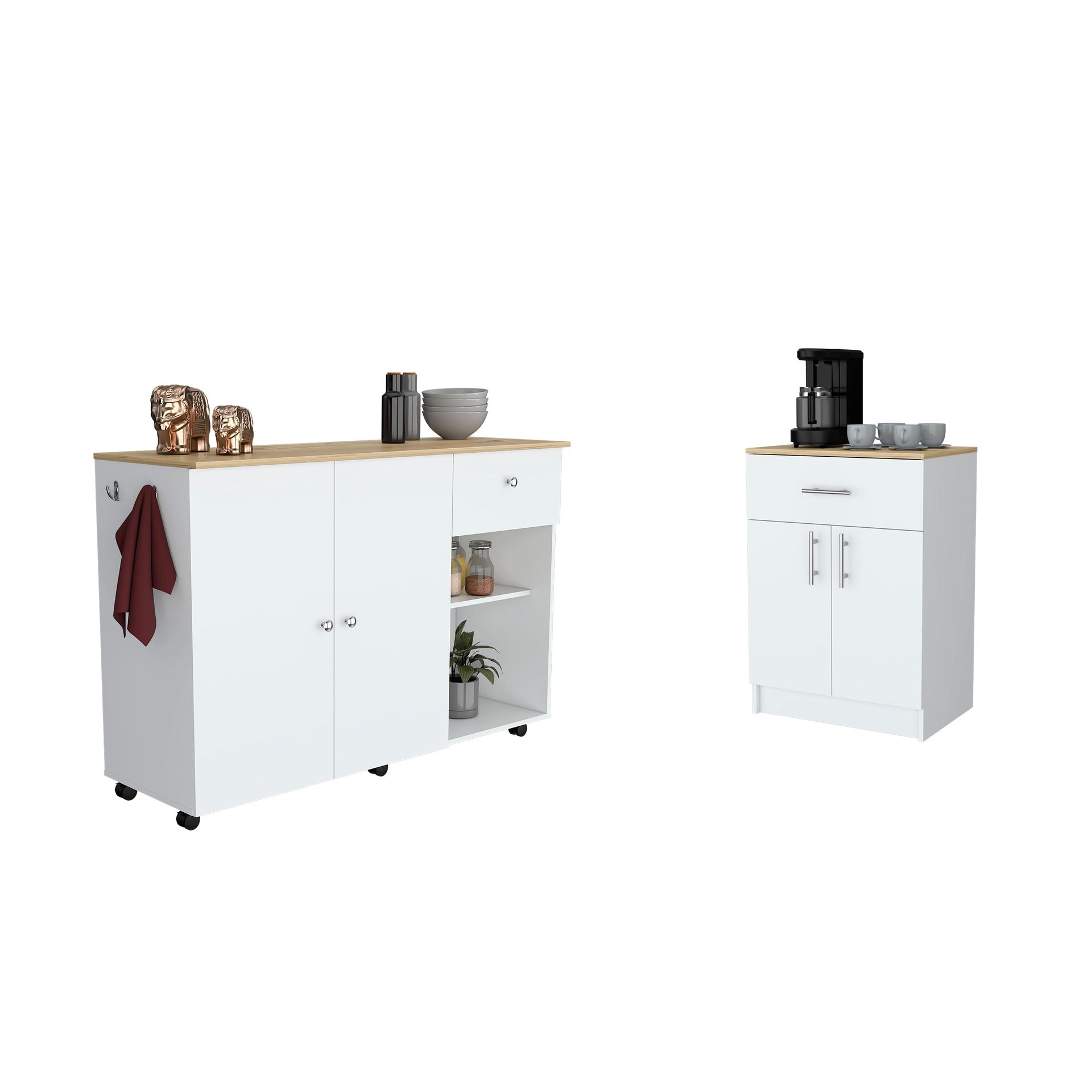2 Piece Kitchen Set, Kitchen Island Cart + Pantry Cabinet, White / Light Oak