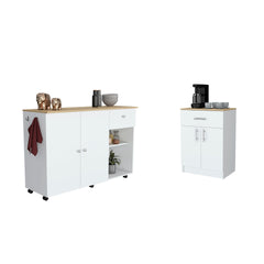 2 Piece Kitchen Set, Kitchen Island Cart + Pantry Cabinet, White / Light Oak