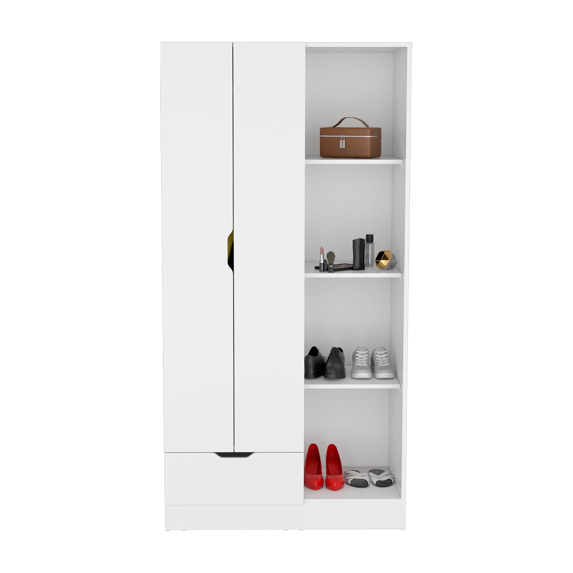 Armoire 71"H with 1-Drawer and 4-Tier Open Shelves, 2 Doors, White